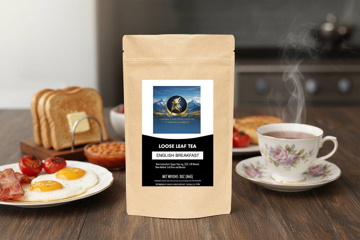Loose leaf tea package with a label on a white background