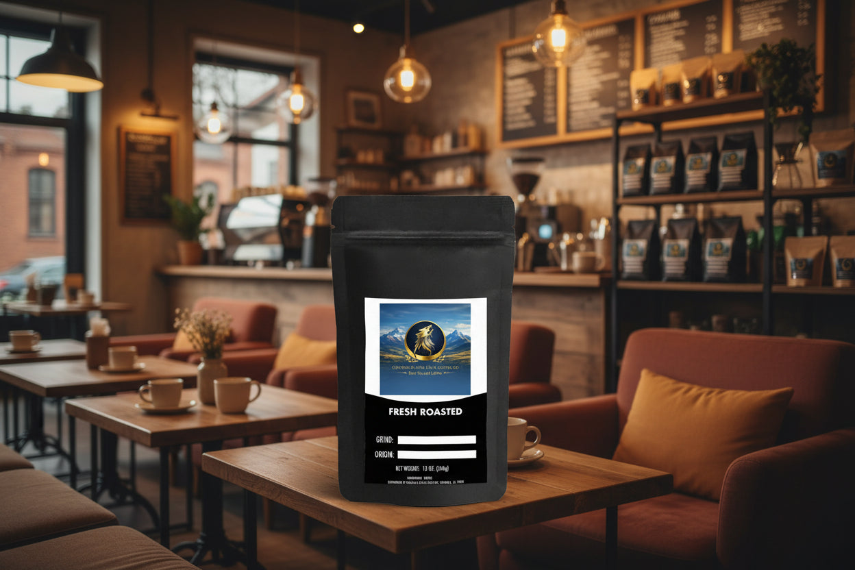 Black coffee bag with a label featuring a mountain and bear design on a white background