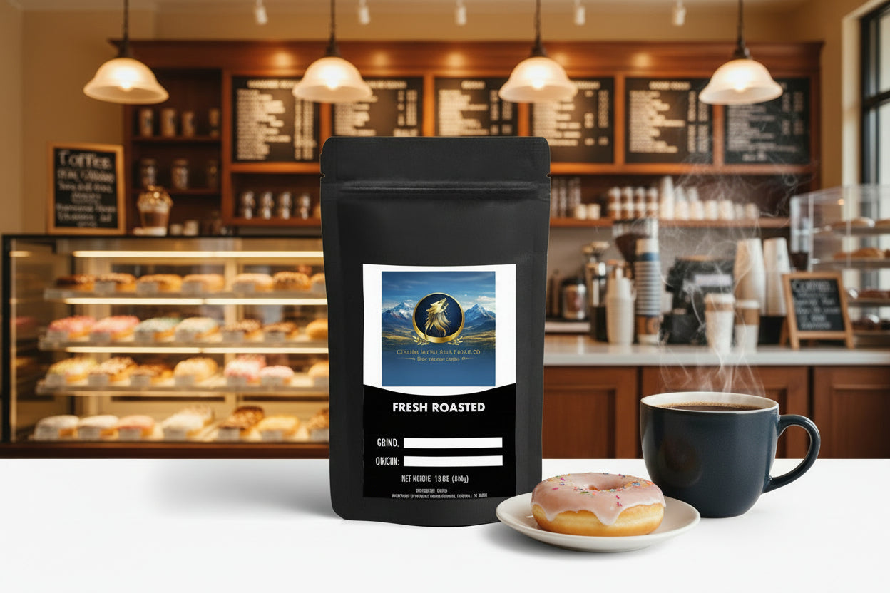 Black coffee bag with a label featuring a mountain and bear design on a white background