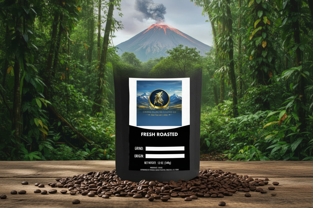 Black coffee bag with a label featuring a mountain and bear design on a white background