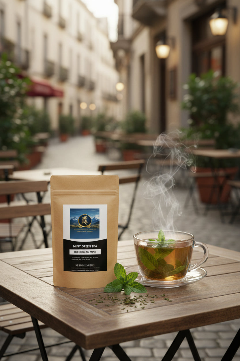 Kraft paper tea bag with a label on a white background