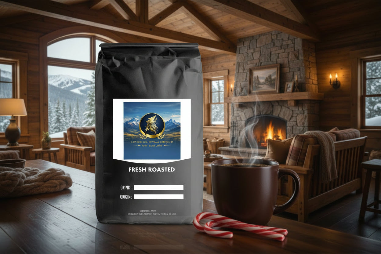 Black coffee bag with a label featuring mountains and text on a white background
