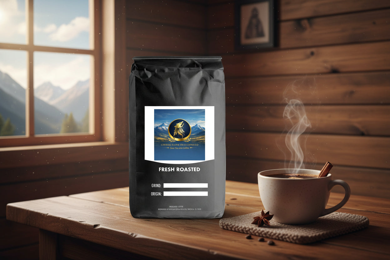 Black coffee bag with a label featuring mountains and text on a white background