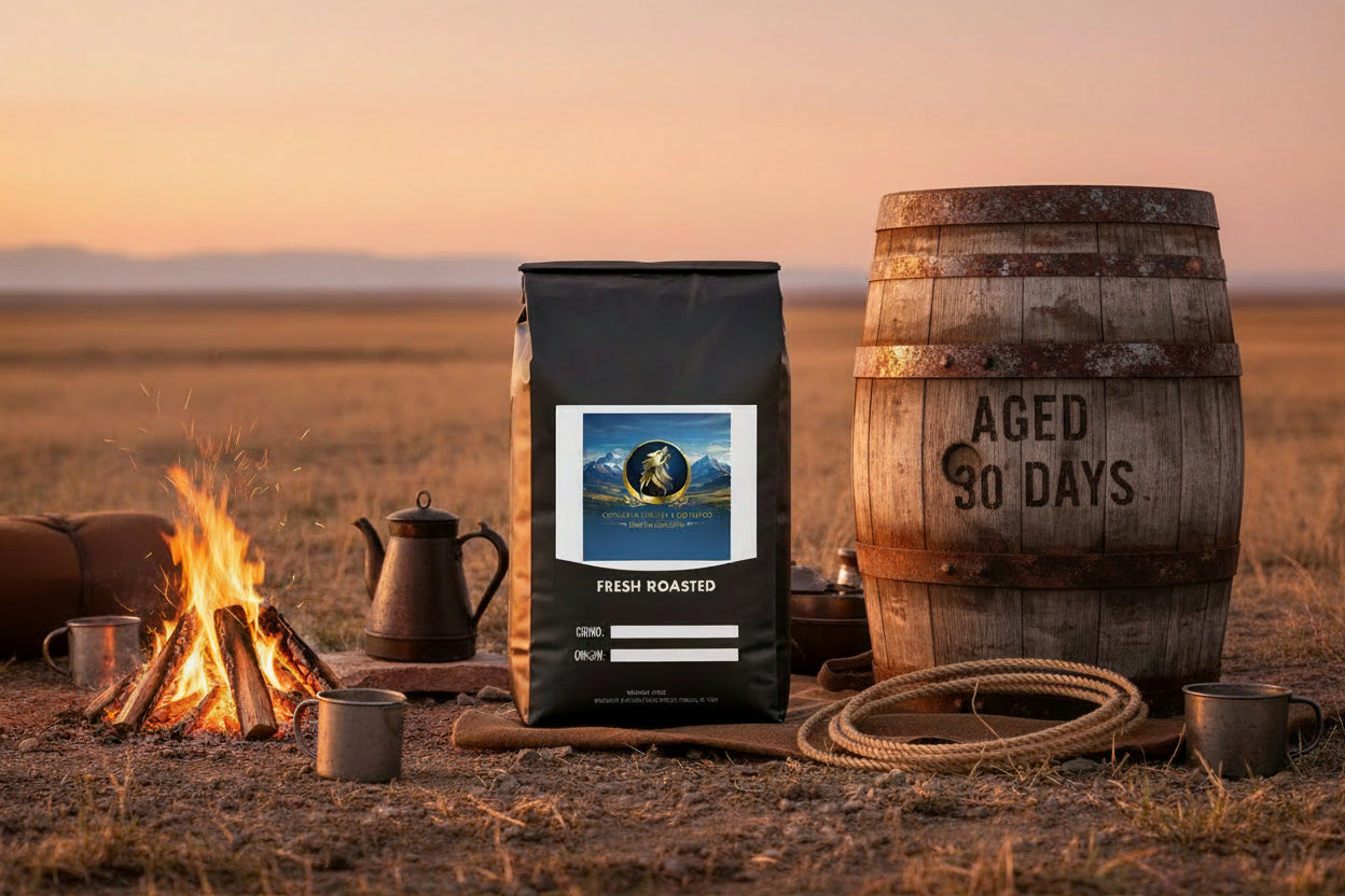 Black coffee bag with a label featuring mountains and text on a white background