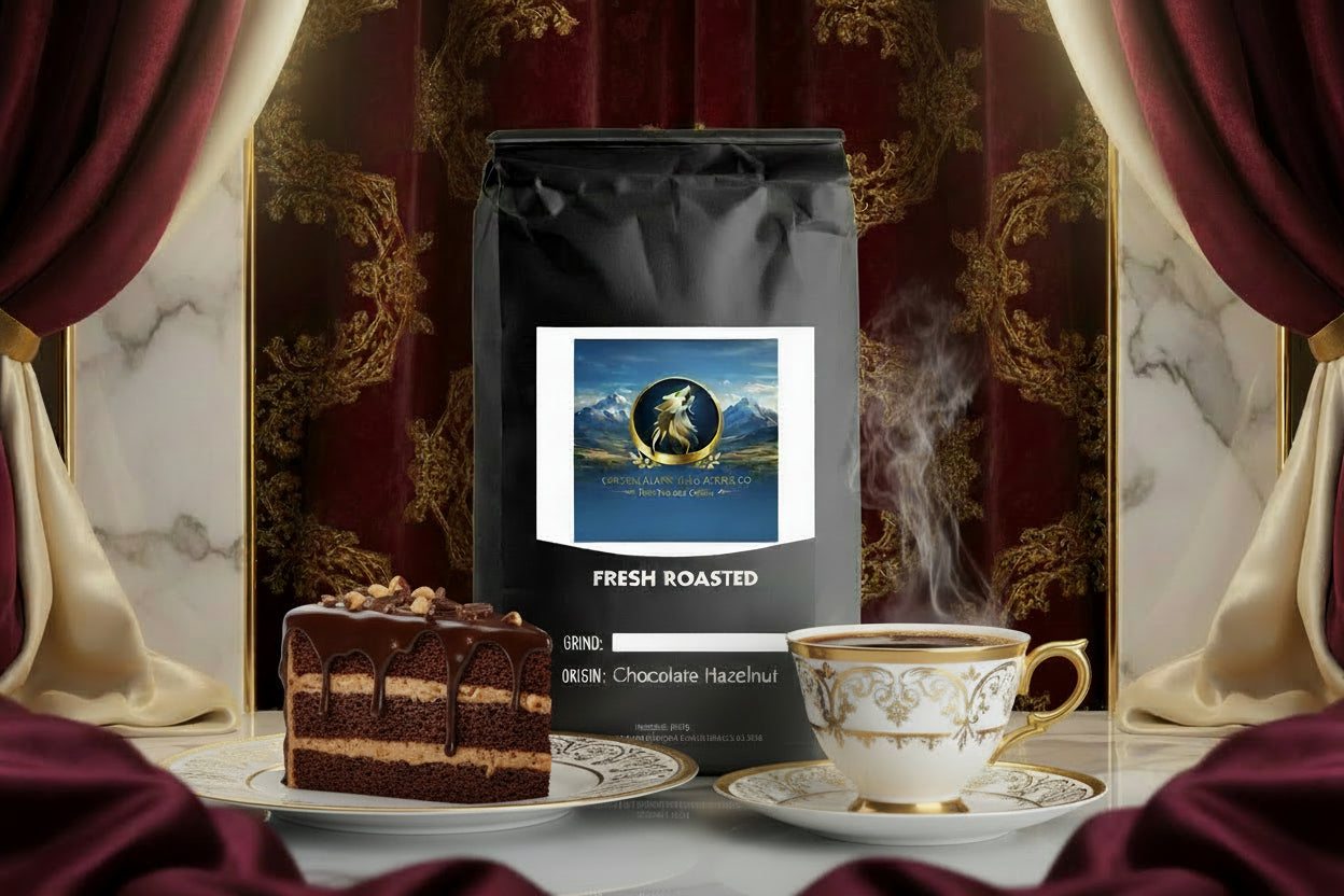 Black coffee bag with a label featuring mountains and text on a white background