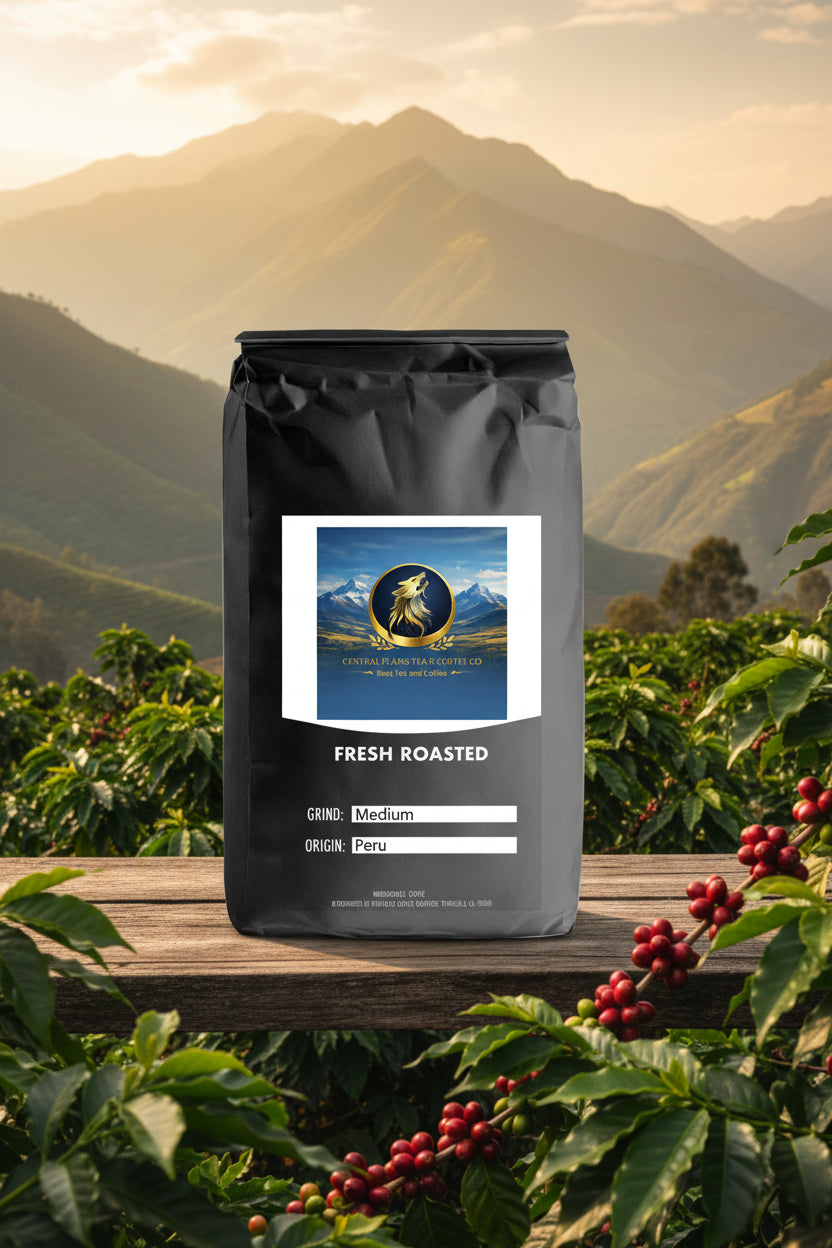 Black coffee bag with a label featuring mountains and text on a white background